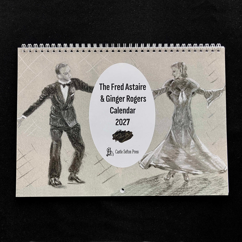 A wire bound calendar for 2027 showing drawings of fred astaire and ginger rogers