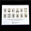 A spiral-bound printed calendar page shown against a black background. The page contains twelve small sepia-toned dance pose illustrations arranged in a grid, with descriptive text below and the Castle Sefton Press logo at the bottom.