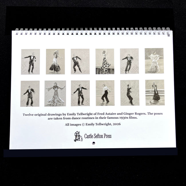 A spiral-bound printed calendar page shown against a black background. The page contains twelve small sepia-toned dance pose illustrations arranged in a grid, with descriptive text below and the Castle Sefton Press logo at the bottom.