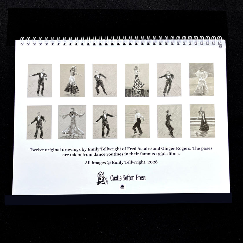 A spiral-bound printed calendar page shown against a black background. The page contains twelve small sepia-toned dance pose illustrations arranged in a grid, with descriptive text below and the Castle Sefton Press logo at the bottom.