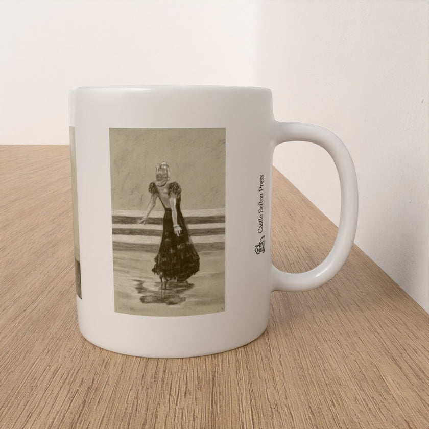 A white ceramic mug with a sepia-toned vintage illustration of a woman in a dress, sitting on a light wood tabletop against a white wall.