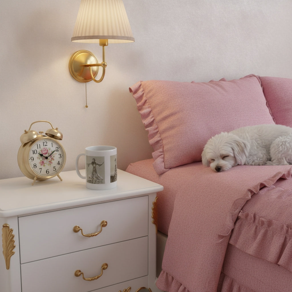 A cozy bedroom scene with a small white dog resting on pink ruffled bedding beside a white nightstand with gold accents. A wall-mounted gold sconce with a cream pleated shade is turned on, casting a warm glow.