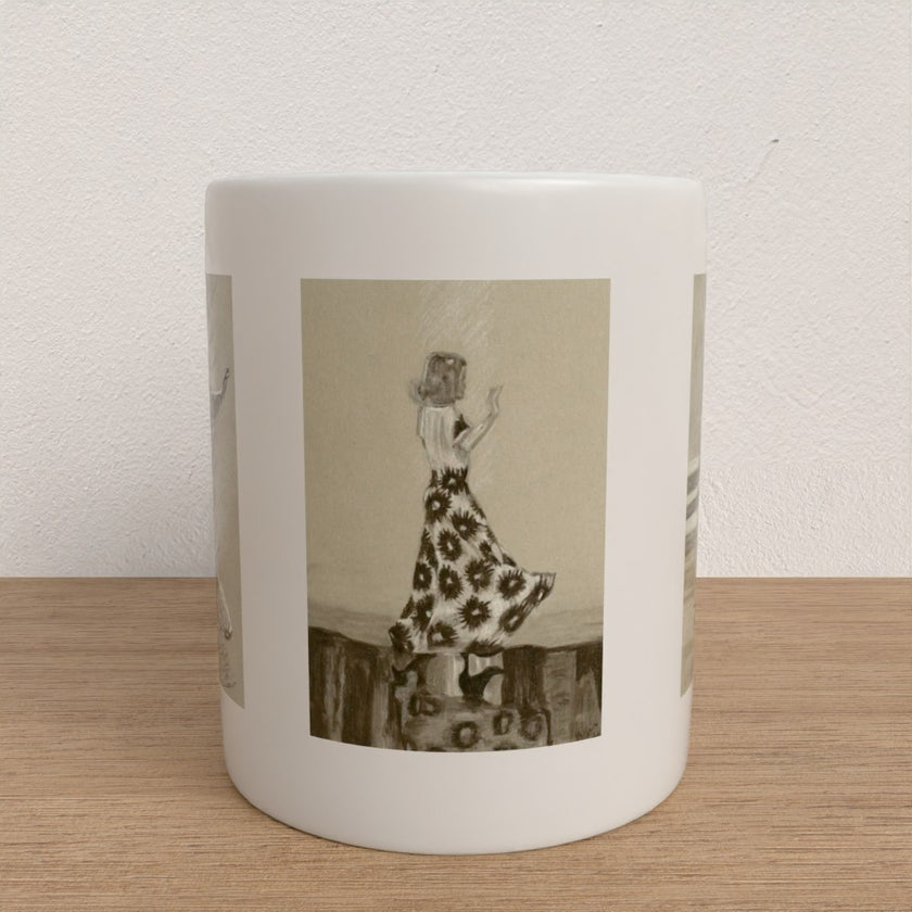 A white ceramic mug with a sepia-toned vintage illustration of a woman in a patterned dress, standing on a light wood surface against a textured off-white wall.