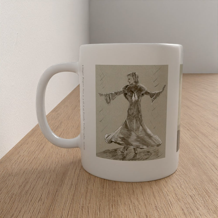 A white ceramic mug with a printed sepia-toned sketch of a woman in a flowing dress, shown sitting on a light wood tabletop against a neutral wall.