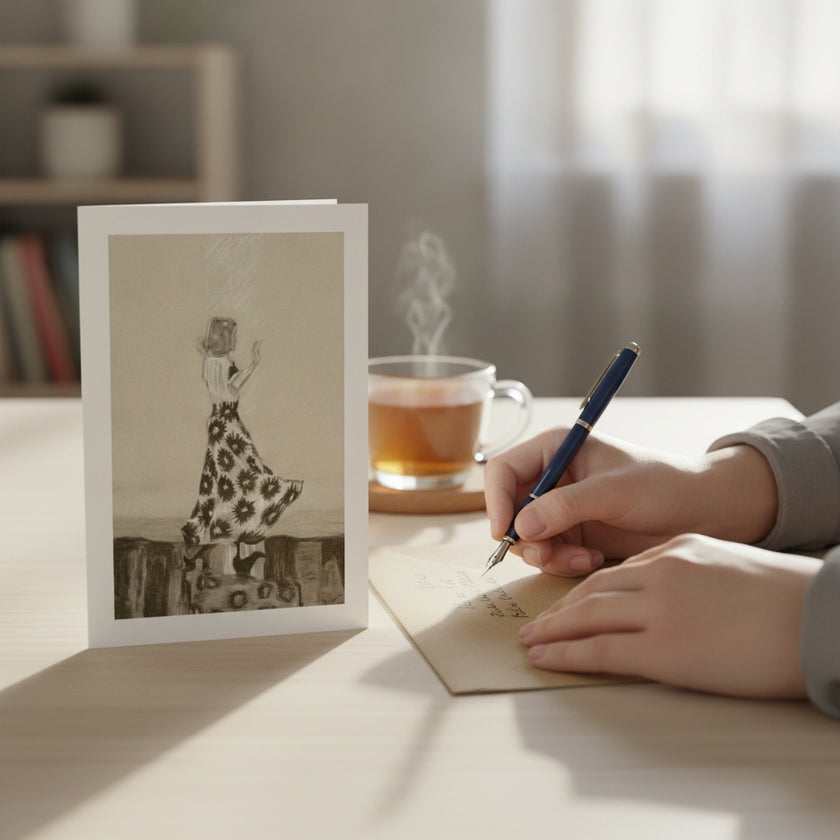 A person writing on an envelope at a table, with a printed art card featuring a sketch of Ginger Rogers standing beside them and a steaming cup of tea in the background.