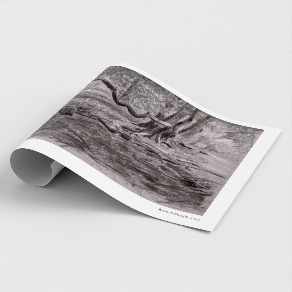 A rolled-out art print or poster showing a monochrome abstract tree-bark or root-like texture in grayscale, photographed on a clean light gray background.
