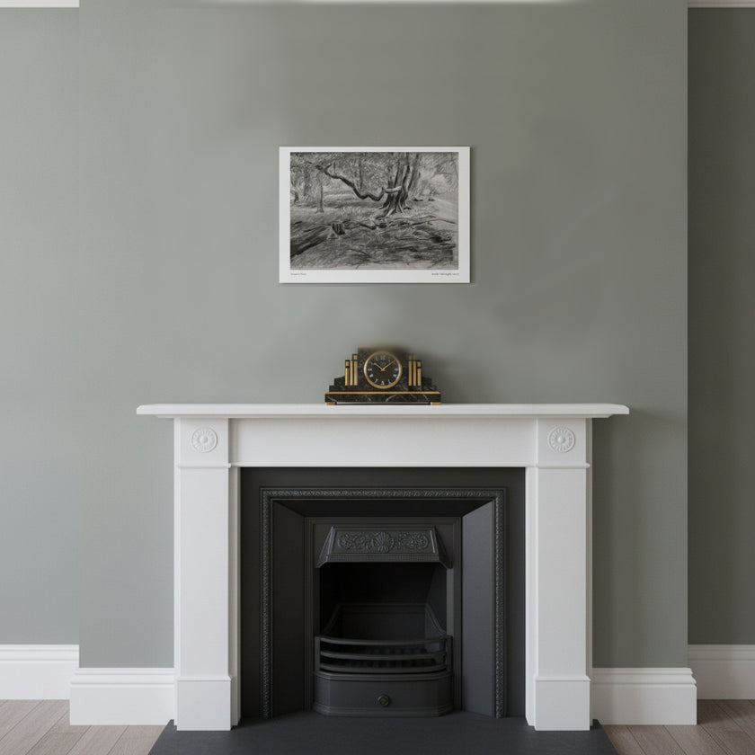A framed black and white landscape sketch hangs on a sage green wall above a white fireplace mantel with a small gold-toned clock on it.