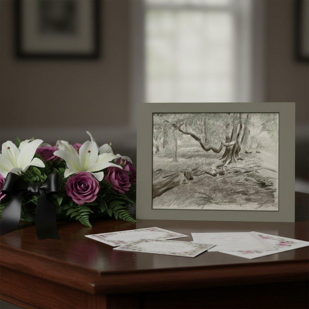 A monochrome landscape sketch card stands on a wooden table beside a bouquet of white lilies and purple roses, with a few cards in front. The room background is softly blurred.