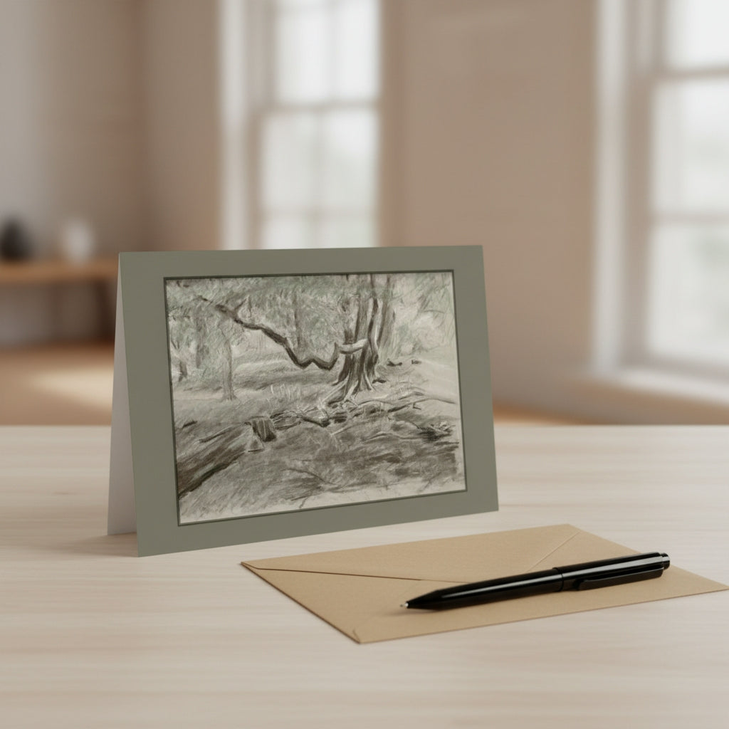 A monochrome sketch of an outdoor woodland scene greetings card displayed on a light wood table, with a kraft envelope and black pen in front and a softly blurred interior background.