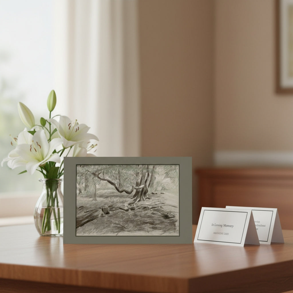 A greetings card depicting a forest scene with bare trees and a small stream, styled on a light wood table next to a brown ceramic vase filled with yellow flowers.