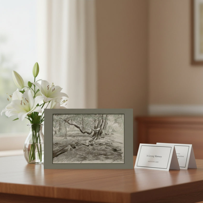 A greetings card depicting a forest scene with bare trees and a small stream, styled on a light wood table next to a brown ceramic vase filled with yellow flowers.