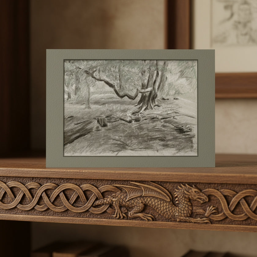A monochrome landscape sketch of a tree in a forest greetings card, displayed on a carved wooden mantel with a Celtic knot and dragon design.