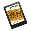 A black e-reader device angled diagonally on a white background, displaying the book cover of 'Via Paradise' abook by John Blake.