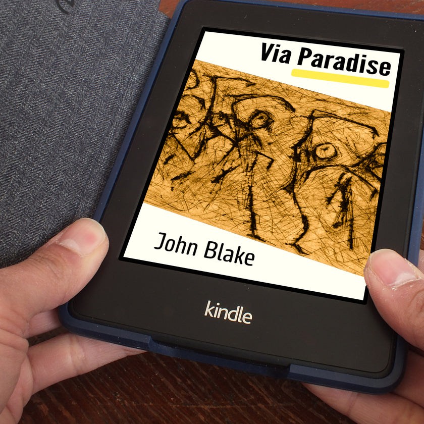A person holding a black Kindle e-reader with a blue protective case, showing the book cover of 'Via Paradise' ebook by John Blake on the screen.