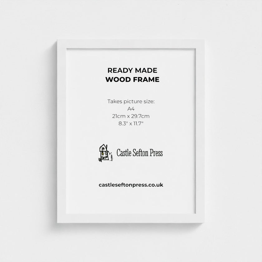 a white picture frame with a castle sefton press logo