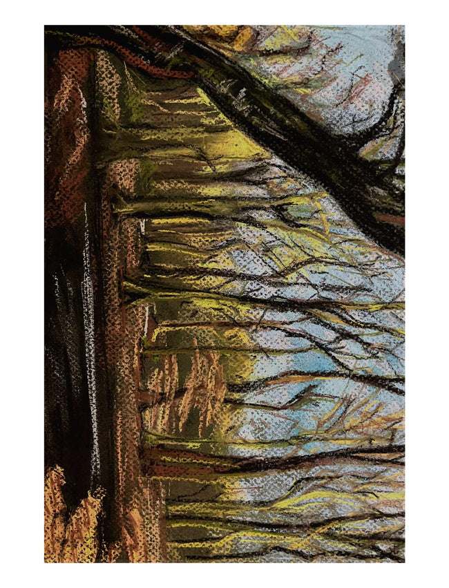 Winter Woodland tea towel showing a pastel drawing