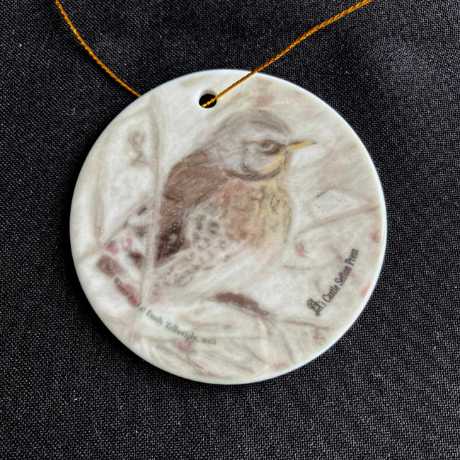 A round ceramic Christmas ornament featuring a detailed illustration of a bird, hanging from a gold string against a dark textured fabric background.
