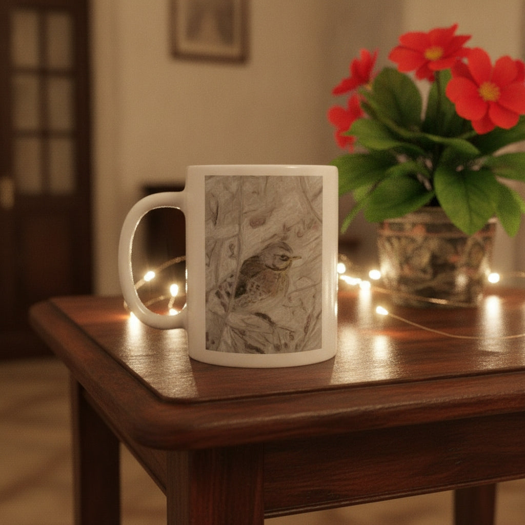 A white ceramic mug featuring a detailed sketch of a bird, placed on a dark wooden table next to a potted plant with red flowers and warm string lights.