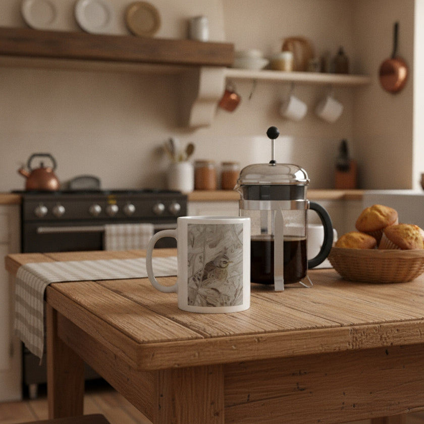 A white ceramic mug with a detailed bird illustration sits on a rustic wooden table in a cosy, warm-toned kitchen setting, alongside a French press and a basket of pastries.