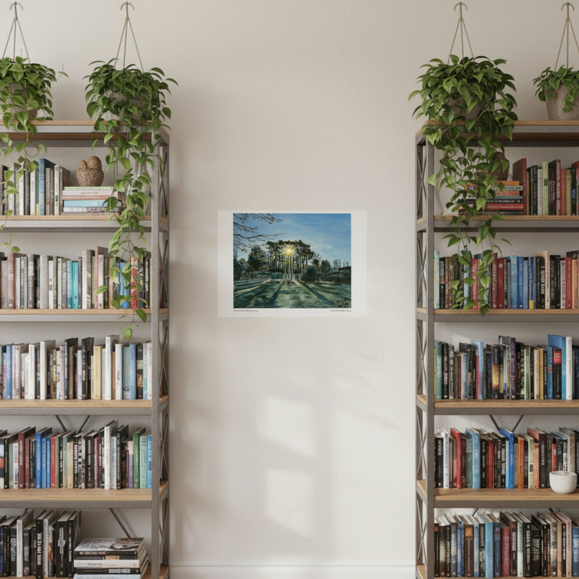 a painting of sun coming through winter trees on a cream wall between two bookcases topped with plants