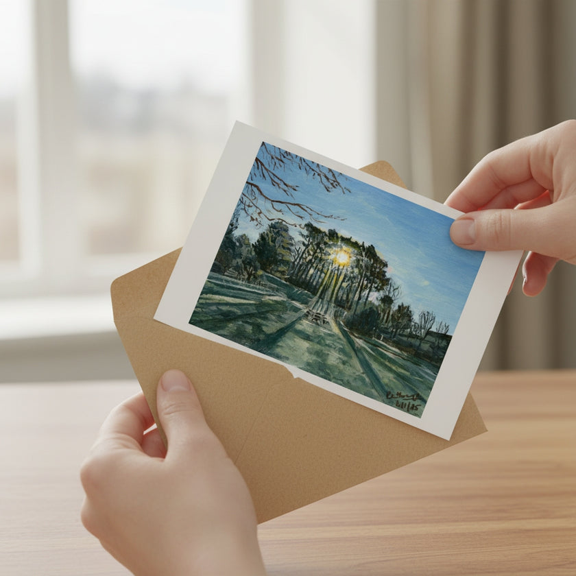 A greeting card featuring a painted scene of sun coming through trees being taken out of a brown envelope