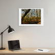 A framed art print depicting a forest scene with autumn trees, displayed on a light grey wall above a wooden desk with a laptop, black desk lamp, and papers.