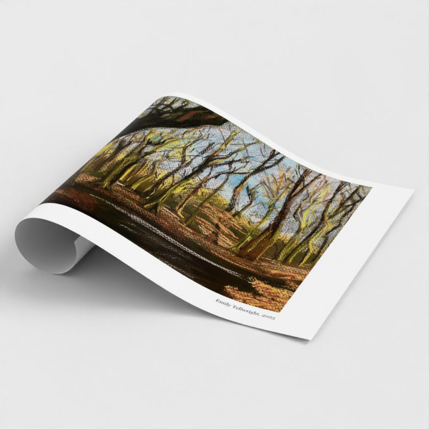 A rolled-out art print or poster showing a forest landscape with bare trees, brown ground, and patches of green and blue sky, photographed on a light grey background.
