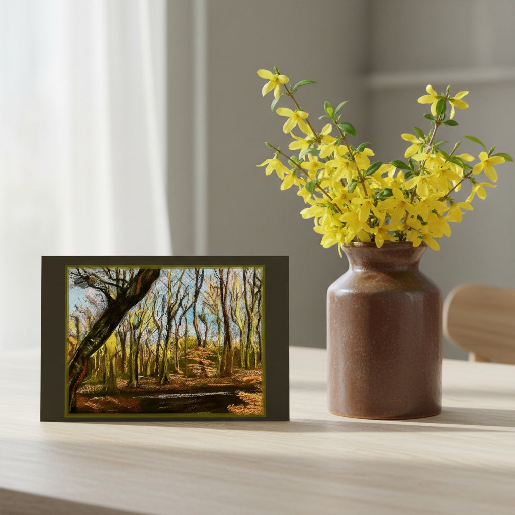 A greetings card depicting a forest scene with bare trees , styled on a light wood table next to a brown ceramic vase filled with yellow flowers.