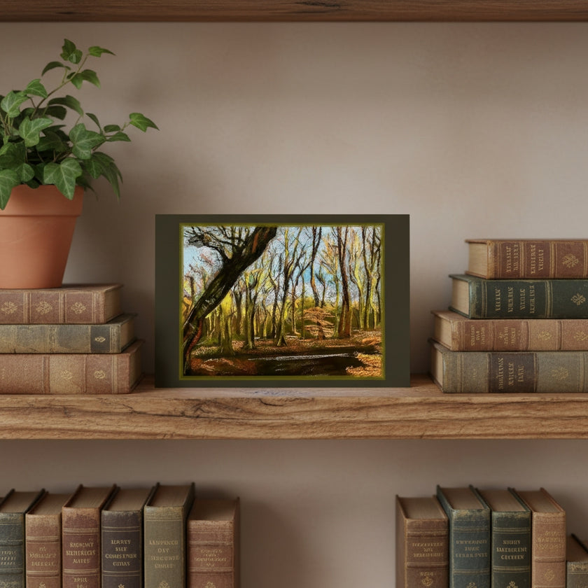 A forest landscape greetings card is displayed on a rustic wooden shelf, flanked by stacks of vintage books and a potted ivy plant against a neutral beige wall.