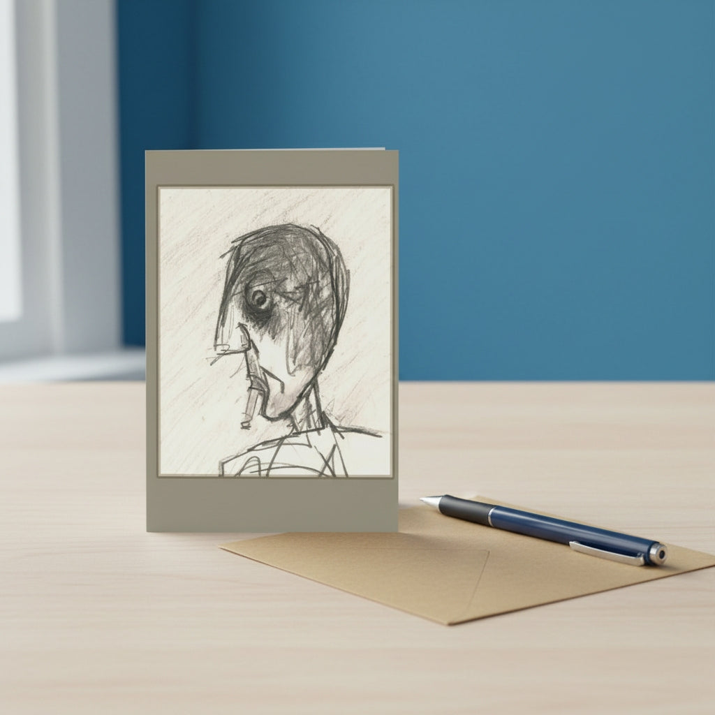 A greeting card with a beige border and a charcoal sketch of a face, standing on a light wood table next to a brown envelope and a blue pen. The background features a blue wall and a soft window light.