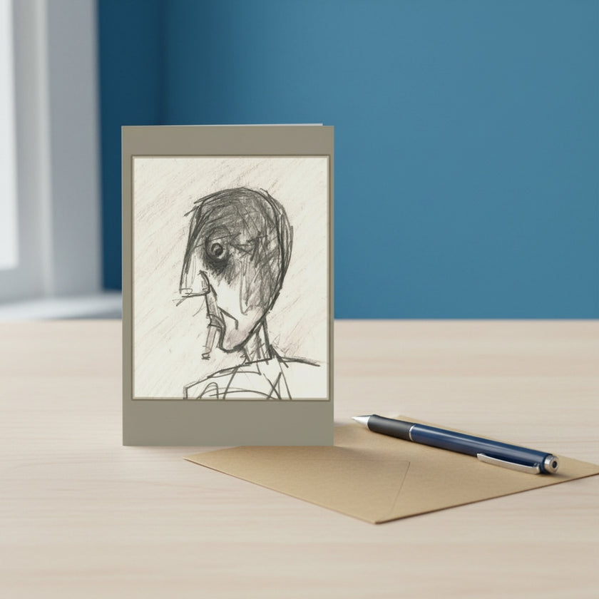 A greeting card with a beige border and a charcoal sketch of a face, standing on a light wood table next to a brown envelope and a blue pen. The background features a blue wall and a soft window light.
