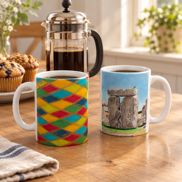 Square lifestyle product image of two mugs with a cafetière and muffins