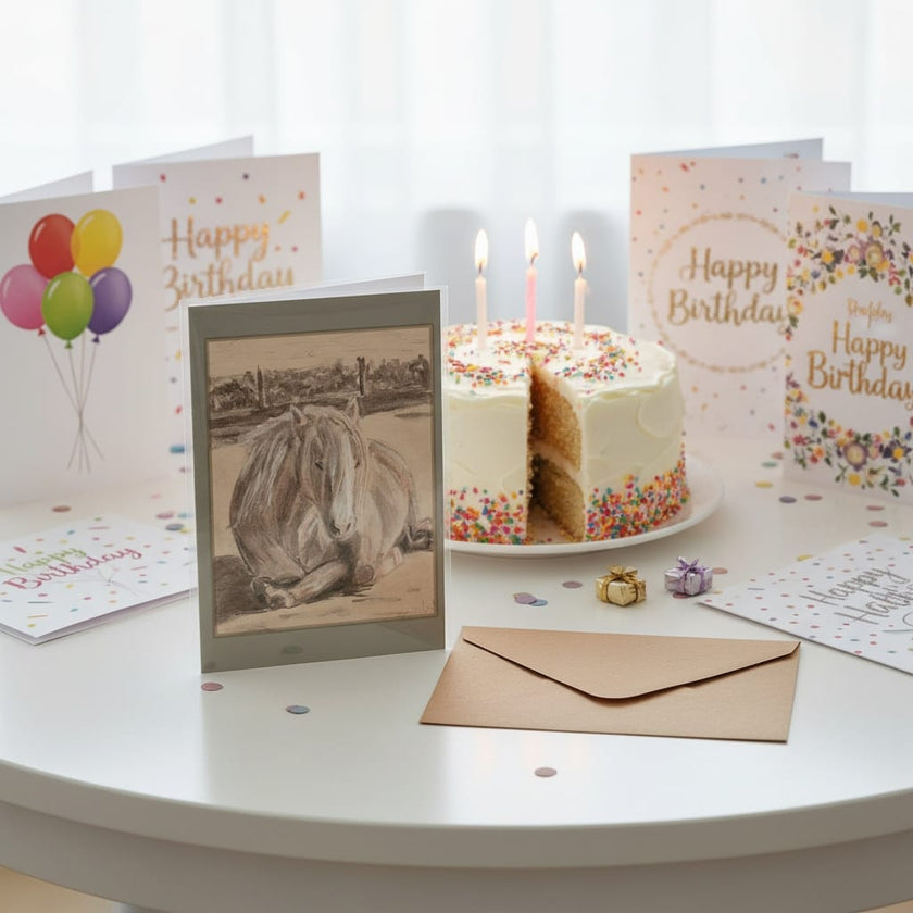 Goldie the Palomino greetings card with birthday cards and cake