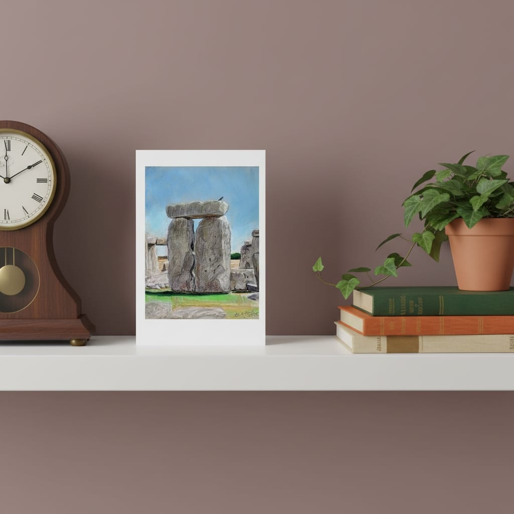 Sunny Summer at Stonehenge greetings card with clock, books and plant