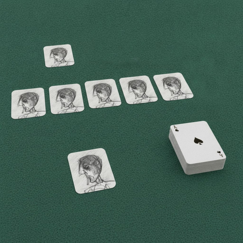 Grey day playing cards laid out on a green baize table