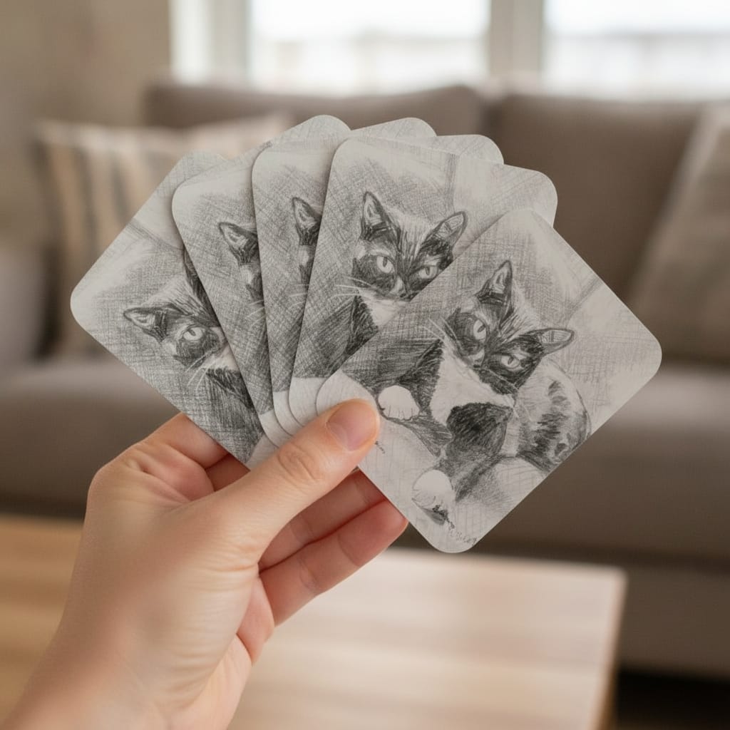 Edith the cat playing cards fanned in someone's hand