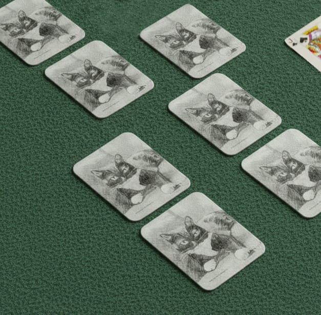 Edith the cat Playing cards laid out on green baize table