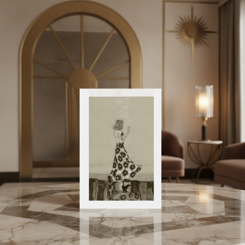 An art greetings card is displayed on a polished marble table in a luxurious, warm-toned interior setting. The print features a black-an-white drawing of ginger Rogers