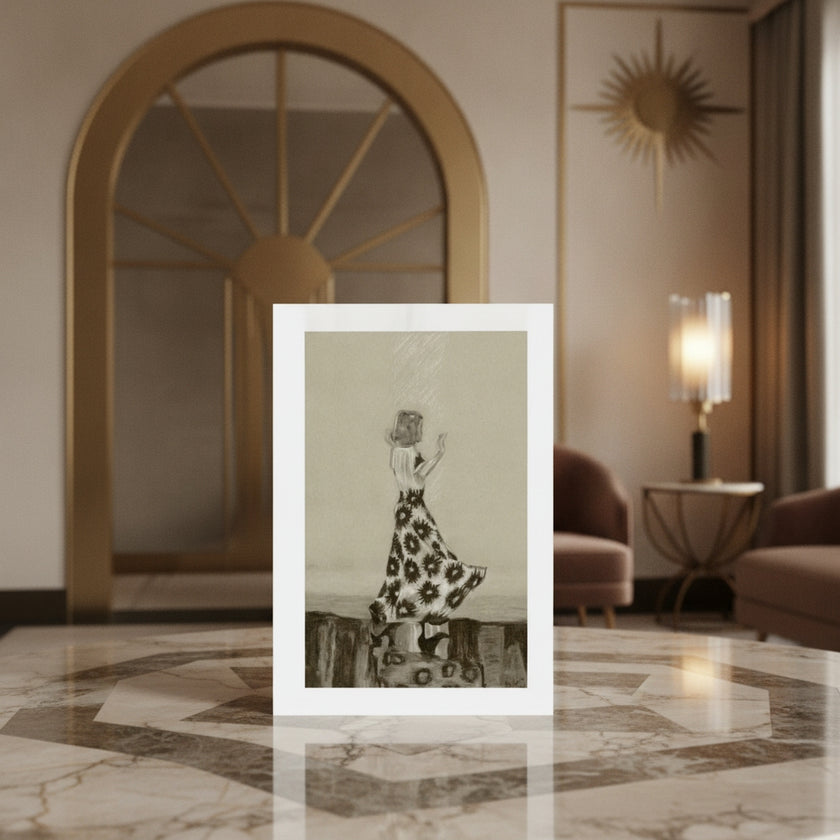An art greetings card is displayed on a polished marble table in a luxurious, warm-toned interior setting. The print features a black-an-white drawing of ginger Rogers