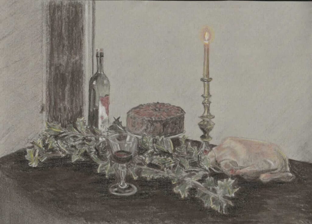 Drawing of old fashioned Christmas food - duck, wine, fruit cake - with candle and holly.