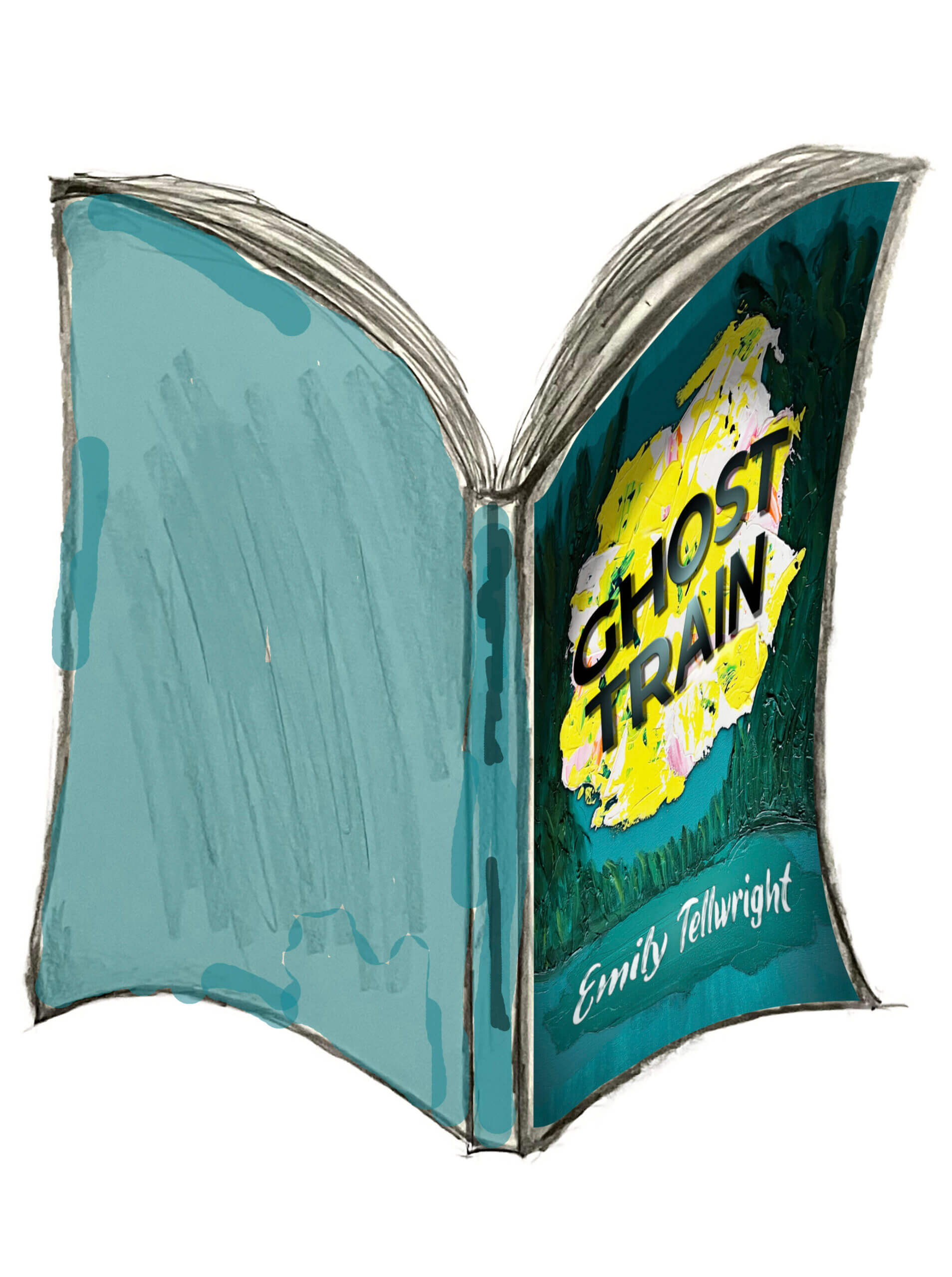 A pencil drawing of an open paperback book showing the cover of Emily Tellwright's novel Ghost Train published by Castle Sefton Press