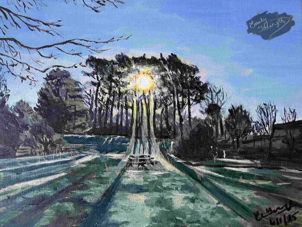 Acrylic painting of sun shining through tall pine trees casting long shadows against blue sky.