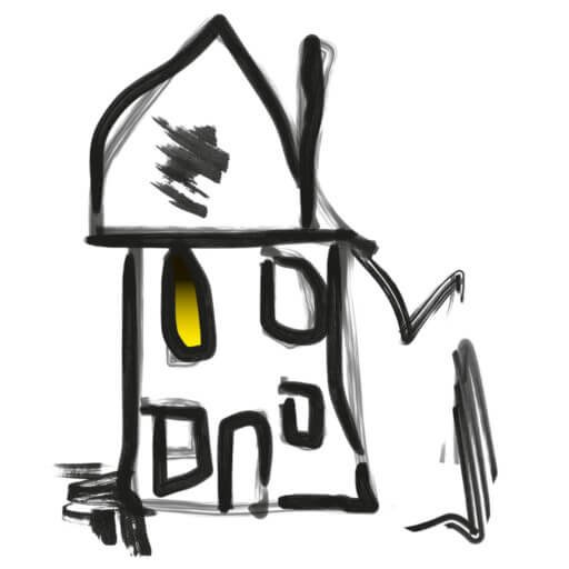 Castle Sefton Press logo of a naive black marker pen sketch of a house on white background