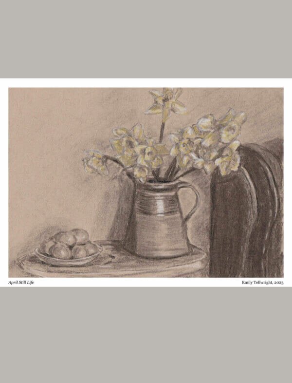 A charcoal, chalk and coloured pencil drawing of daffodils and eggs.