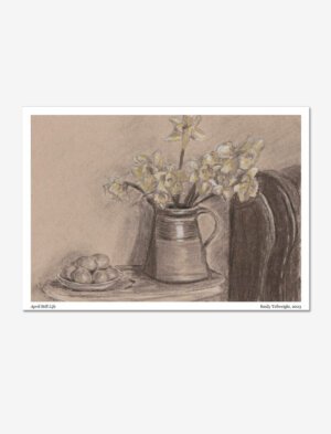 A charcoal, chalk and coloured pencil drawing of daffodils and eggs.