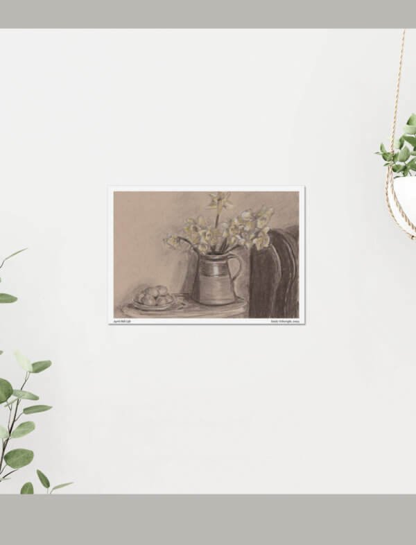 A charcoal, chalk and coloured pencil drawing of daffodils and eggs.