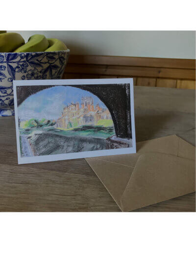 A greetings card showing a pastel drawing of Biddulph Grange.