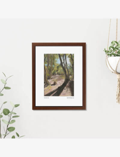 Pastel drawing of a path through a wood in summer.