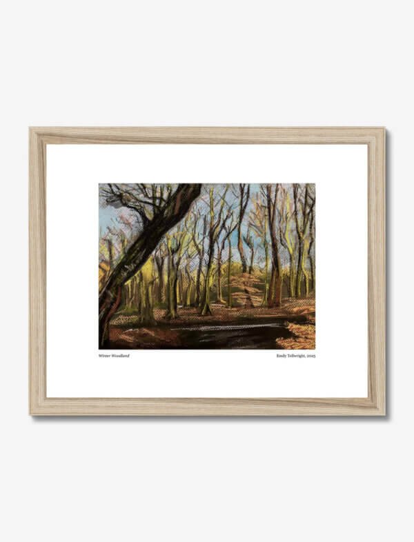 A pastel drawing of a woodland in winter.