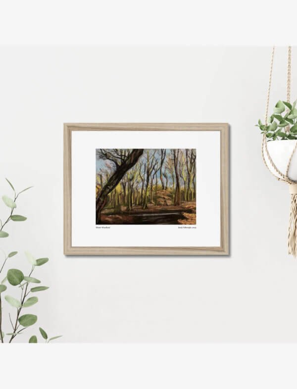 A pastel drawing of a woodland in winter.